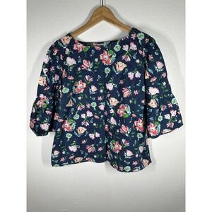 Time And Tru Blouse Womens Large Blue Floral 3/4 Bell Sleeve Boat Neck Top